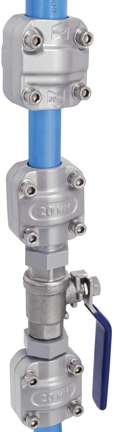 SecureAir interlocking aluminium connector and ball valve close-up
